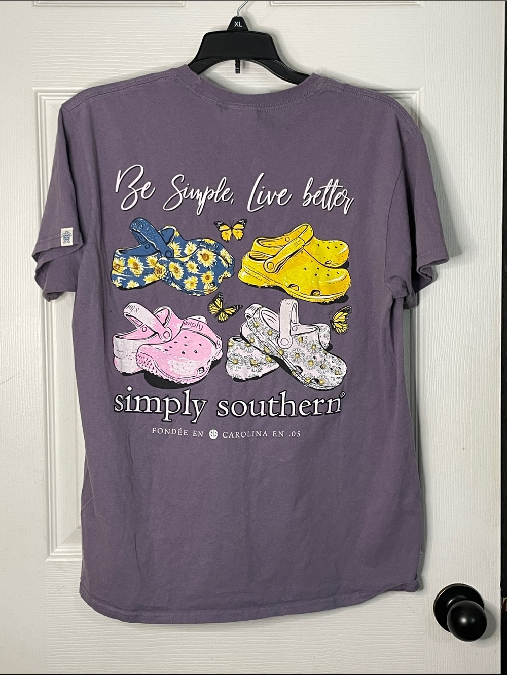 Simply Southern Purple Tee with Multi-Color Clog Graphic. Size M